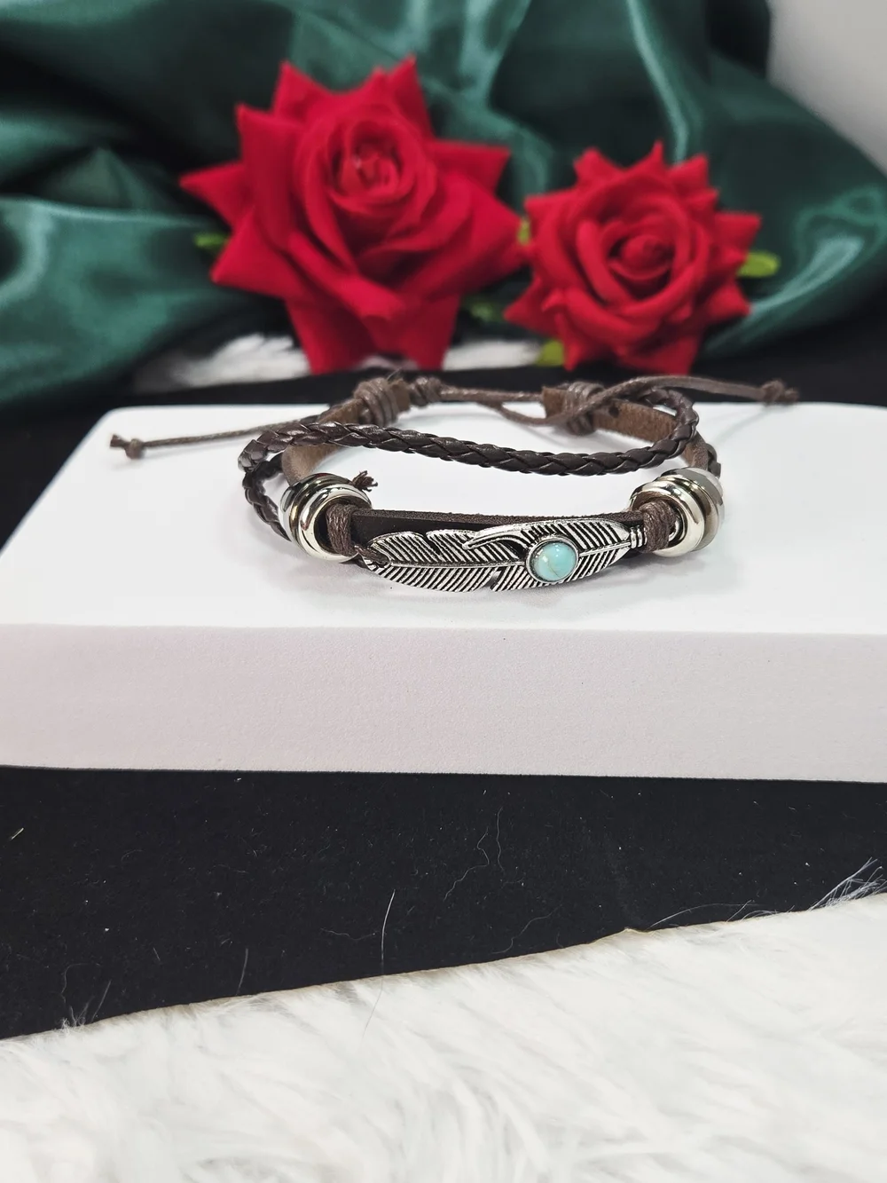 Men’s Leather Feather Bracelet Turquoise Stone Wrap Adjustable Boho Western